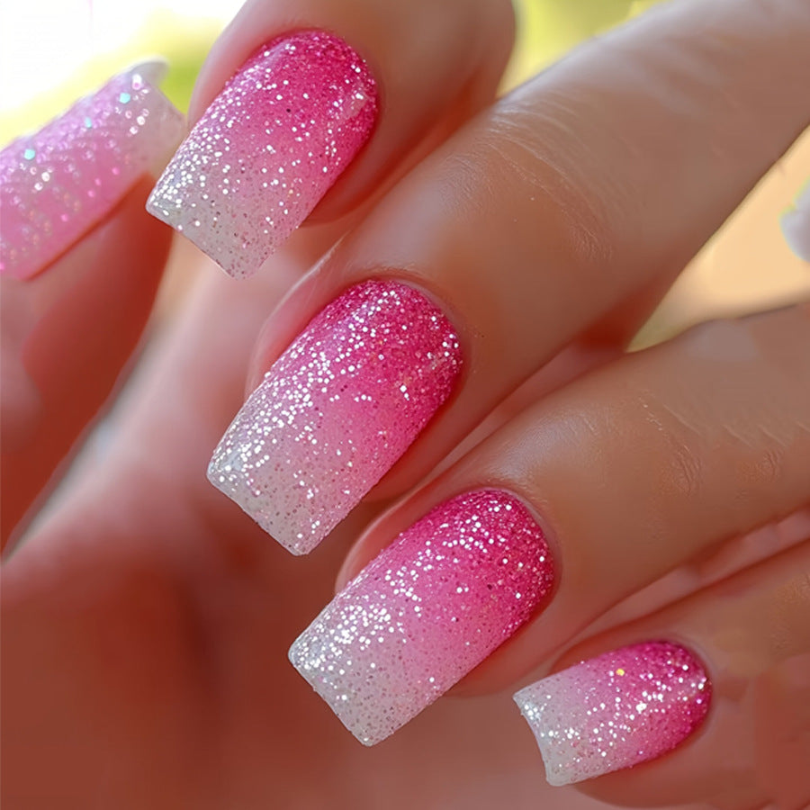 Glitzy Glamour Medium Square Pink Ombre Glitter Press On Nail Set