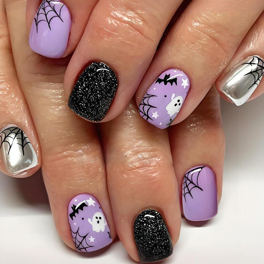 Spooky Halloween Short Square Purple and Black Glittery Nail Set