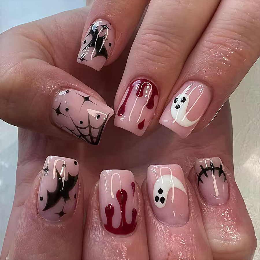 Spooky Elegance Short Square Light Pink with Unique Halloween Art Nail Set