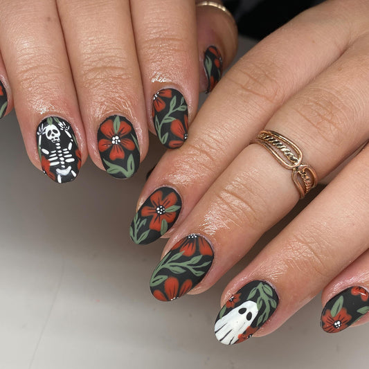 Halloween Elegant Medium Oval Shaped Black Floral Press On Nail Set with Skeleton Design