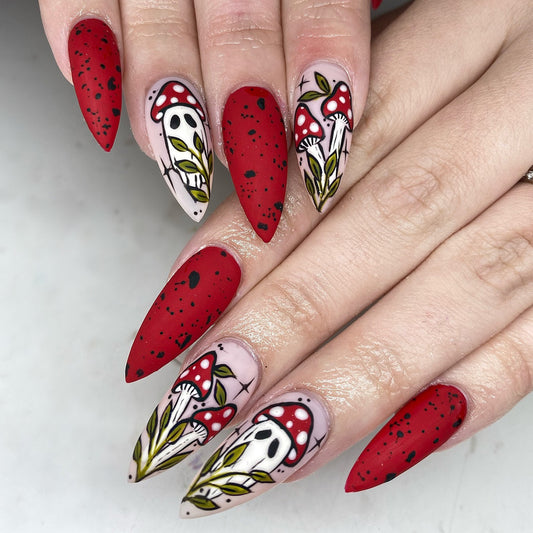 Enchanted Forest Medium Stiletto Red Press-On Nail Set with Whimsical Mushroom Art