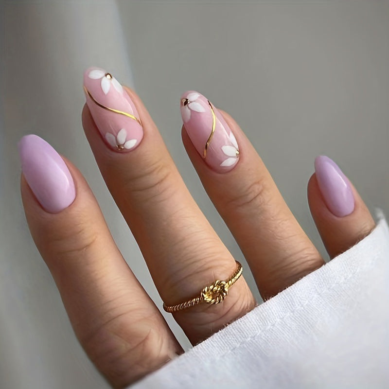 Enchanting Floral Medium Almond Pink Press On Nail Set with Gold Accents