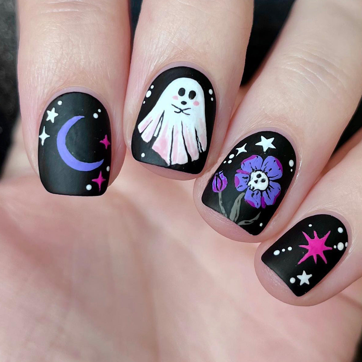 Spooky Night Short Square Black Press On Nail Set featuring Whimsical Ghost and Floral Designs