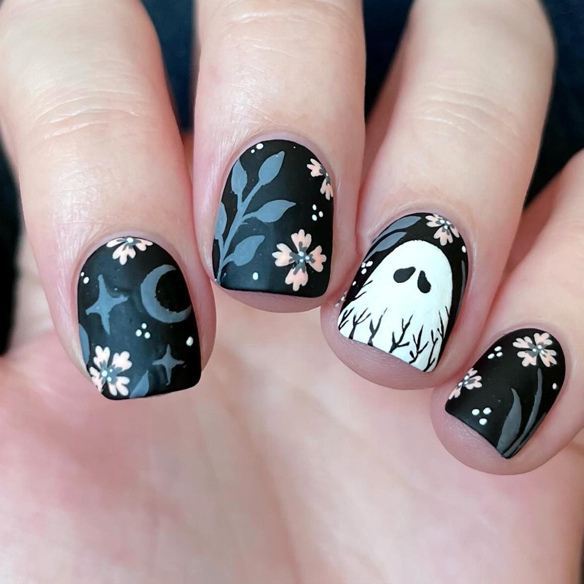 Hauntingly Elegant Short Square Black with Floral Ghost Design Press on Nail Set