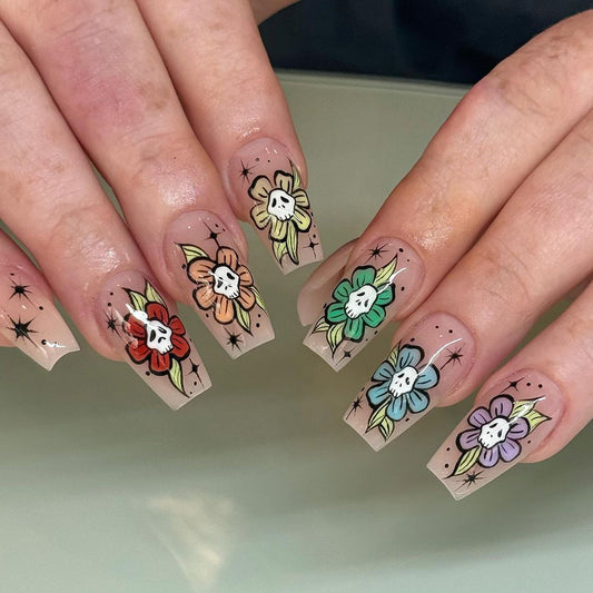 Enchanted Garden Extra Long Coffin Multicolor Floral Press On Nail Set with Starry Accents