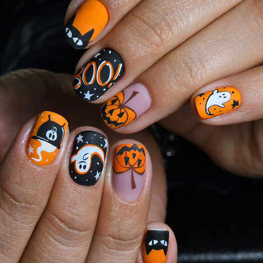 Spooky Night Short Square Orange and Black Press On Nails with Ghost Cat and Pumpkin Art
