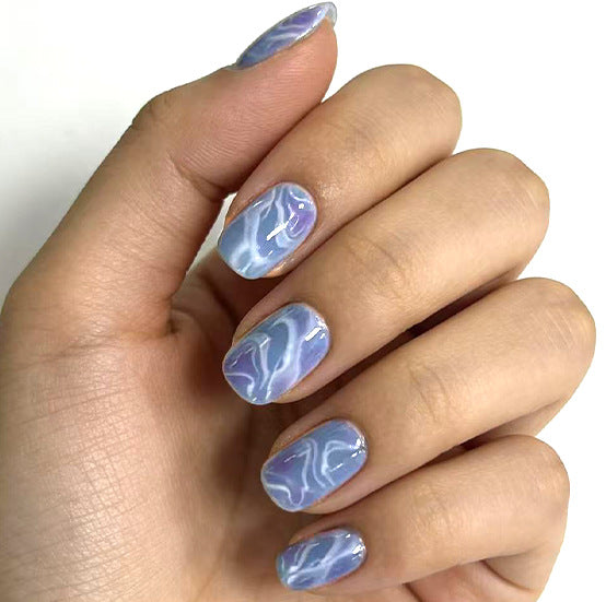 Whimsical Waves Medium Square Colorful Blue Marbled Press On Nail Set