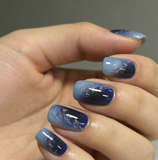 Ocean Breeze Medium Dreamy Square Glossy Blue Gradient Nail Press Set with Artistic Swirl Design