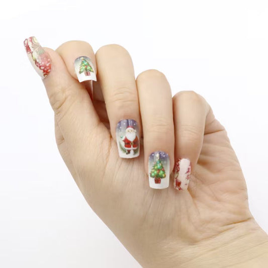 Festive Holiday Glamour Long Square White with Christmas Design Theme Press On Nail Set