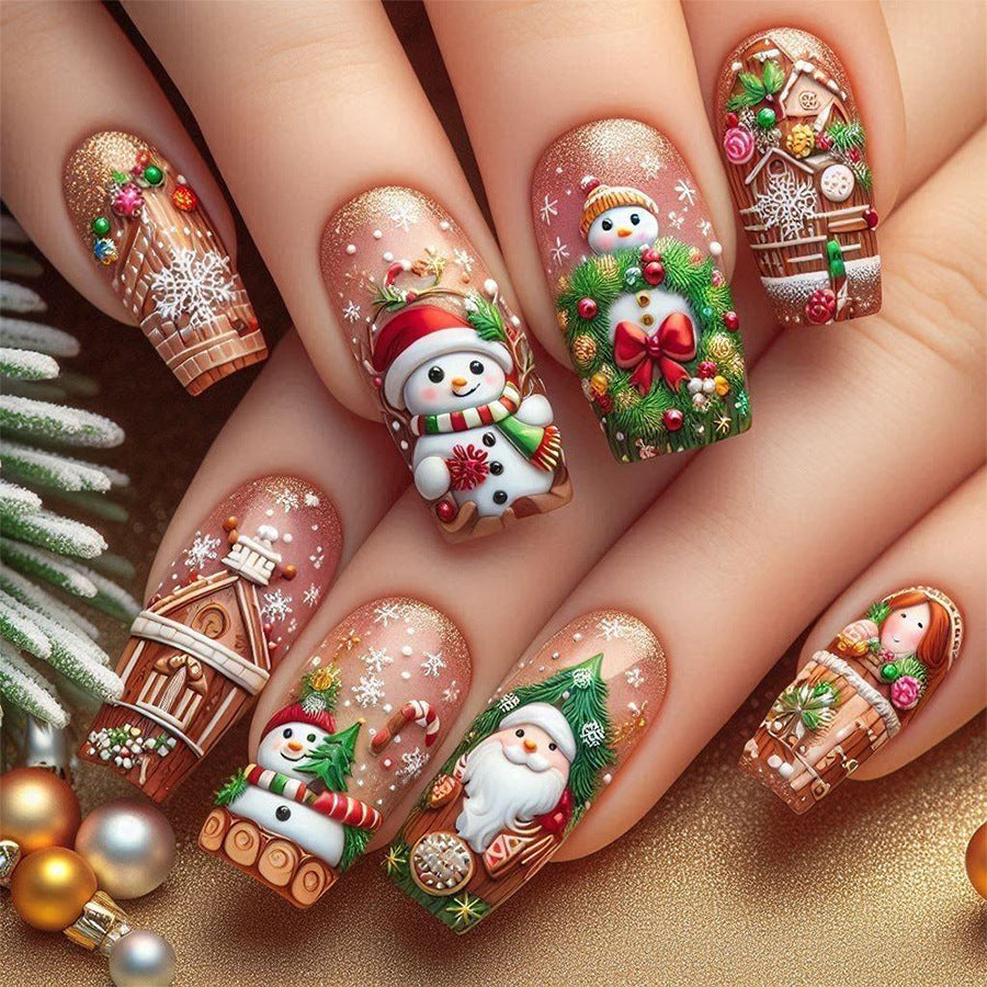Winter Wonderland Long Square Red and Green Festive Press on Nail Set with Charming Holiday Designs