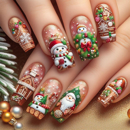 Winter Wonderland Long Square Red and Green Festive Press on Nail Set with Charming Holiday Designs