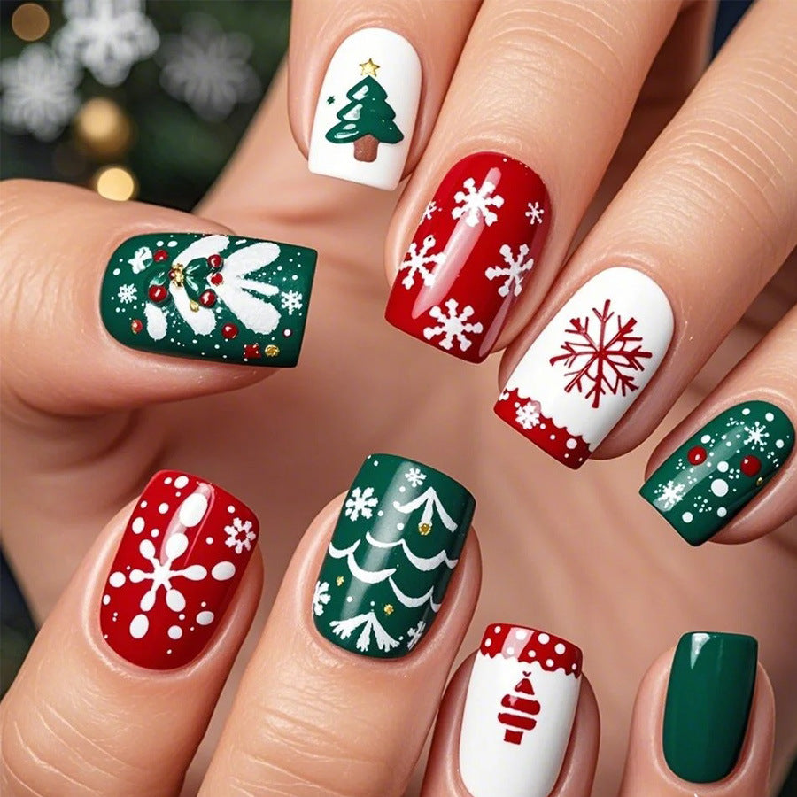 Festive Winter Wonderland Square Medium Green and Red with Christmas Themed Designs Press-On Nail Set
