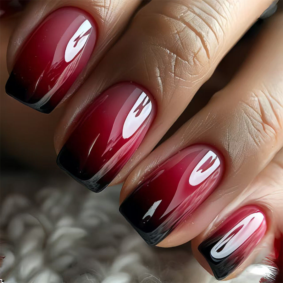 Mysterious Glamour Medium Square Deep Red Ombre Press On Nail Set