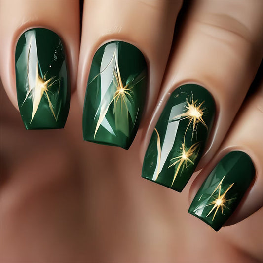 Enchanted Forest Medium Square Dark Green with Sparkling Accents Press on Nail Set
