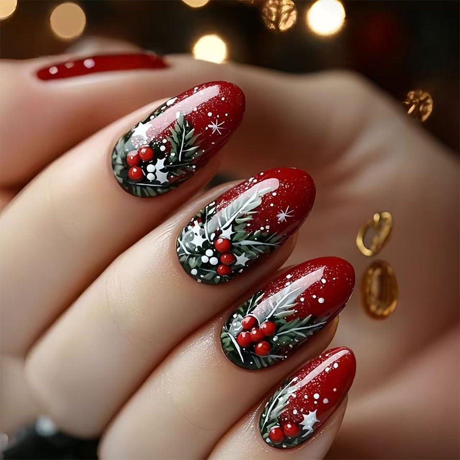Festive Medium Almond Red with Holly and Snowflake Design Press On Nail Set