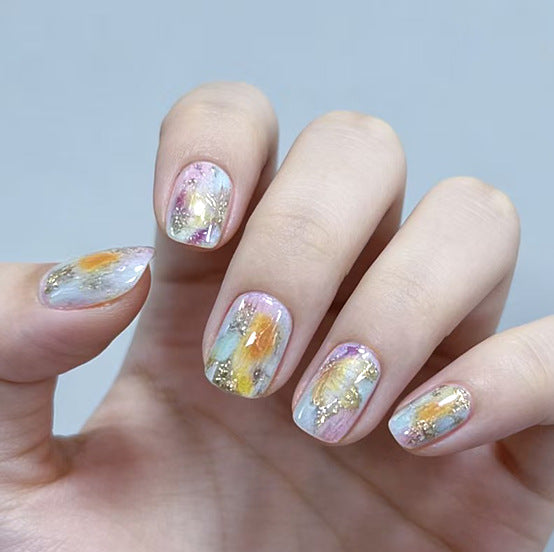 Whimsical Floral Dream Medium Square Multicolored with Glitter Accents Press On Nail Set