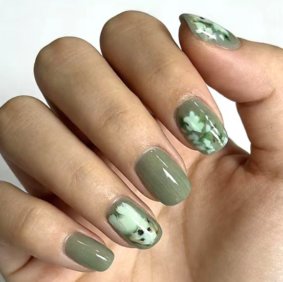 Botanical Bliss Medium Square Green Floral Press On Nail Set with Glossy Finish