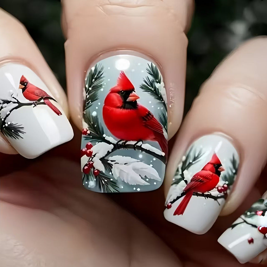 Winter Wonder Medium Square White with Cardinal Bird Design Press On Nail Set