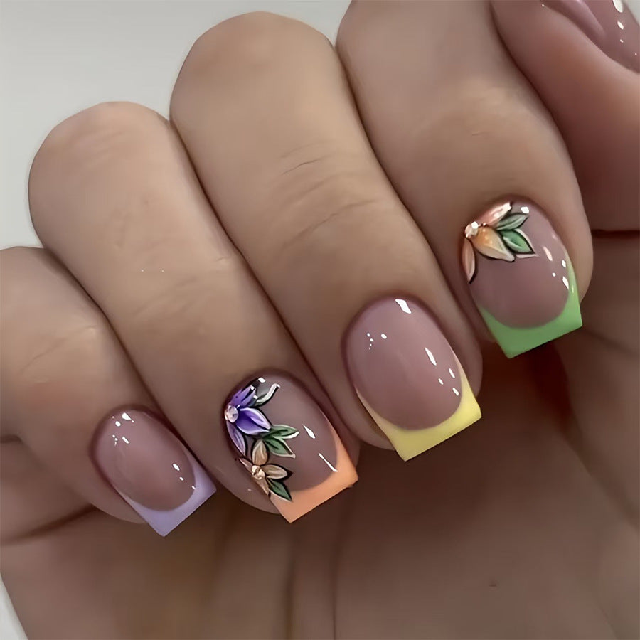 Botanical Bliss Short Square Pastel Gradient with Floral Accents Press-On Nail Set