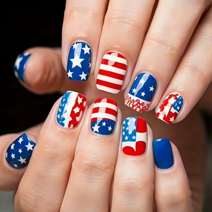 Patriotic Style Short Square Red and Blue Star Pattern Press On Nail Set