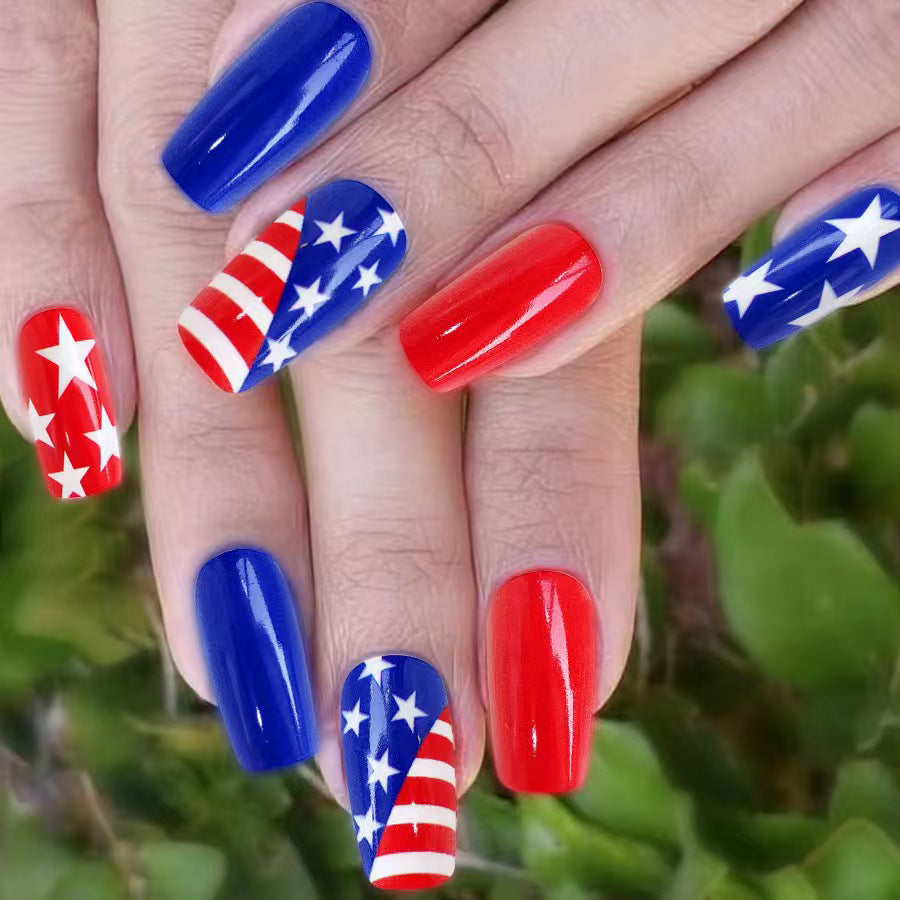Patriotic Medium Square Blue and Red with Star and Stripe Design Press On Nail Set
