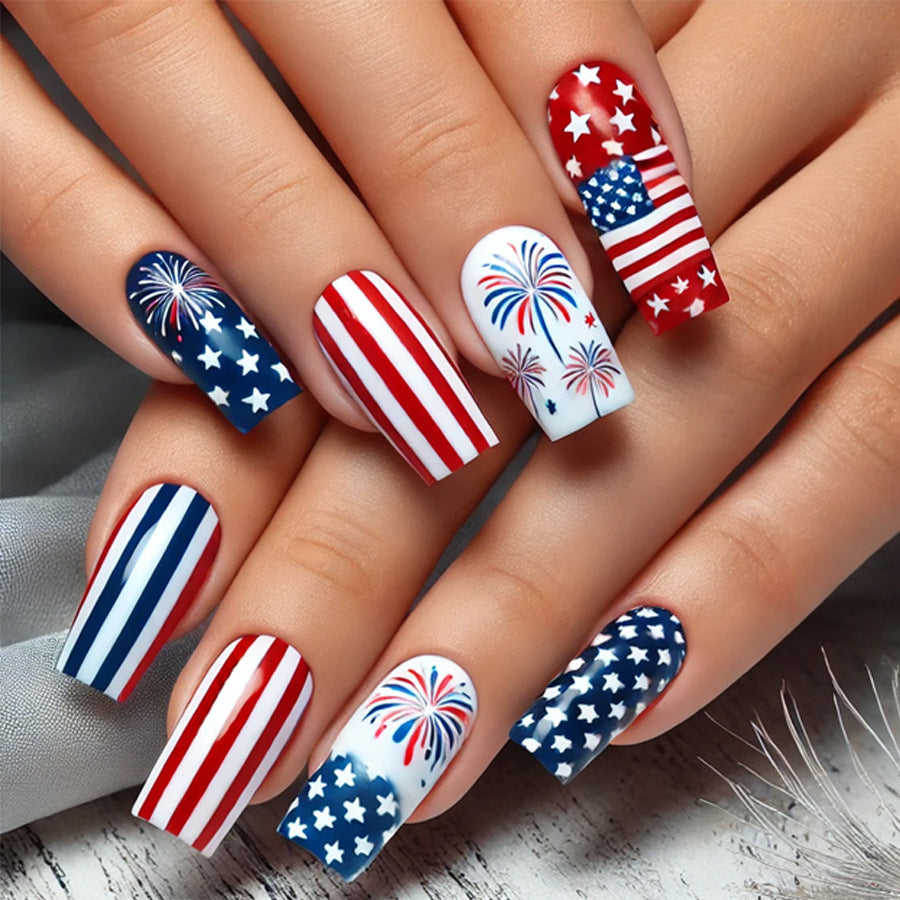 Patriotic Long Square Red and Blue Star and Stripe Design Press On Nail Set