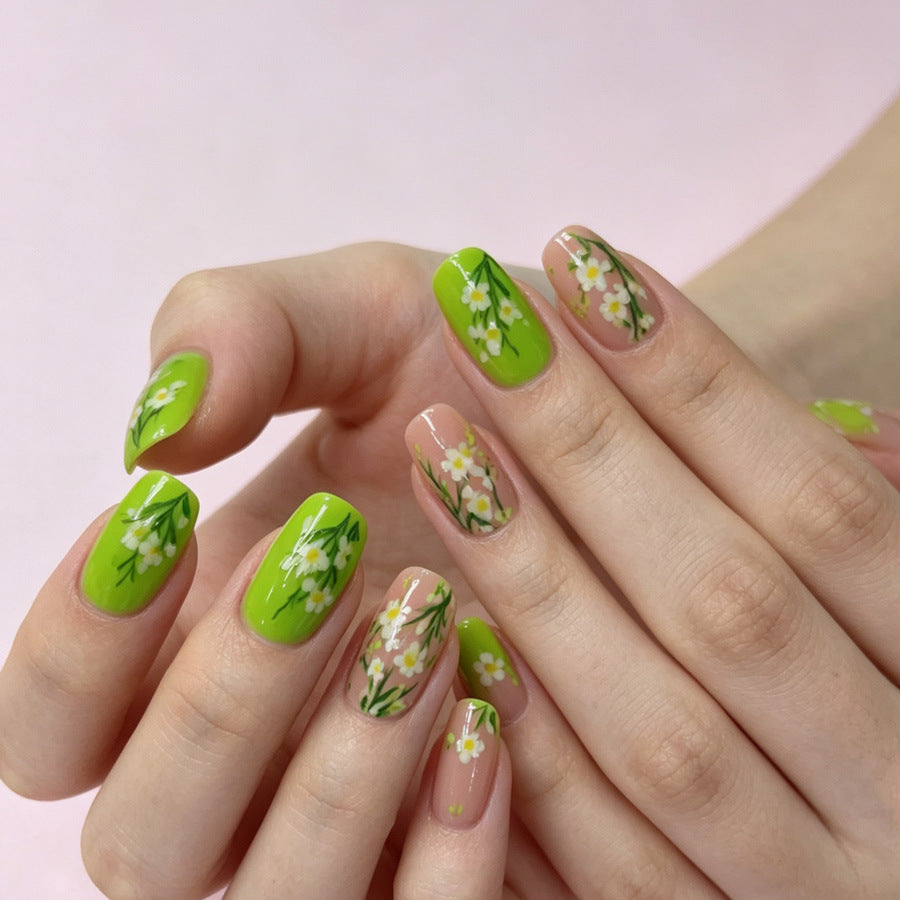 Floral Bliss Medium Square Green Nails with Elegant Flower Design