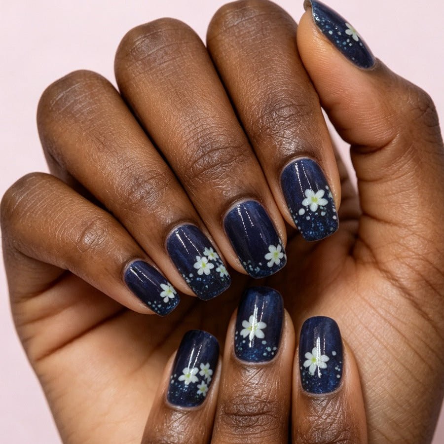 Floral Night Sky Short Square Dark Blue Press On Nail Set with Glittery Accents