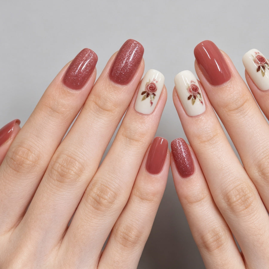 Romantic Elegance Medium Square Mauve with Floral Accent Press On Nail Set