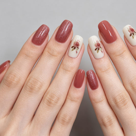 Romantic Elegance Medium Square Mauve with Floral Accent Press On Nail Set