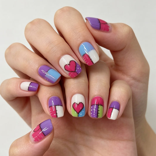 Colorful Heartfelt Short Square Nail Set with Playful Patterns