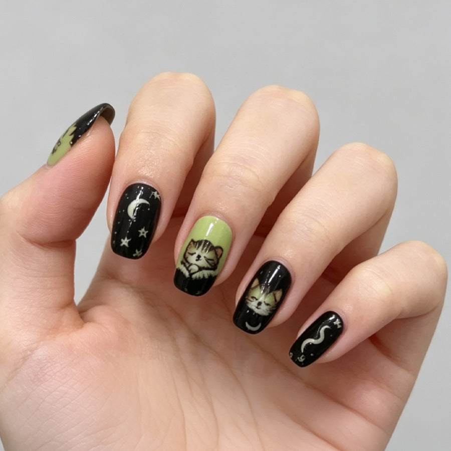 Whimsical Nighttime Short Square Black and Green Nail Set with Cat and Star Design