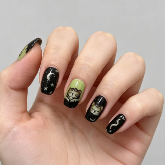 Whimsical Nighttime Short Square Black and Green Nail Set with Cat and Star Design