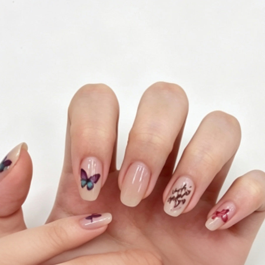Whimsical Butterfly Design Medium Square Beige Press On Nail Set with Unique Artistic Accents