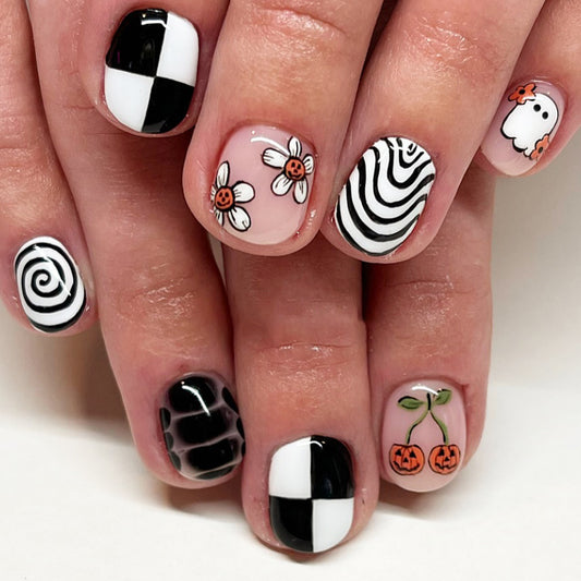 Spooky Autumn Vibes Ombre Short Squoval Black and White with Whimsical Floral and Ghost Designs Press On Nail Set