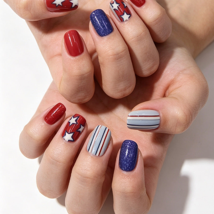 Patriotic Glamour Medium Square Red and Blue Glitter Press on Nail Set