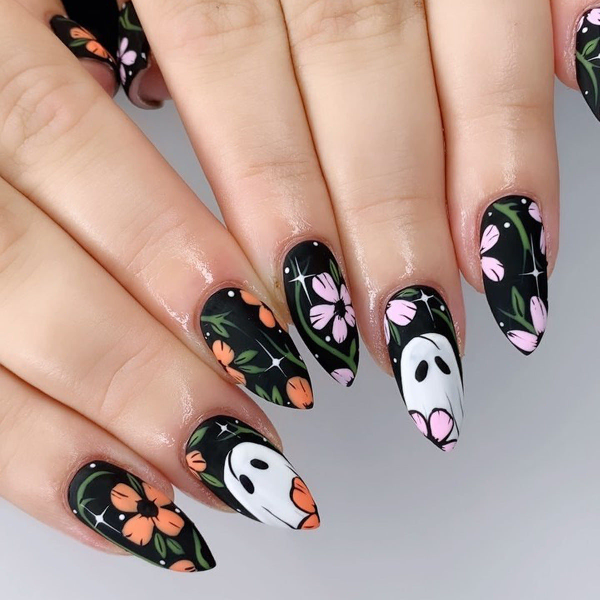 Spooky Floral Dream Long Almond Black with Ghost and Flower Designs Press On Nail Set