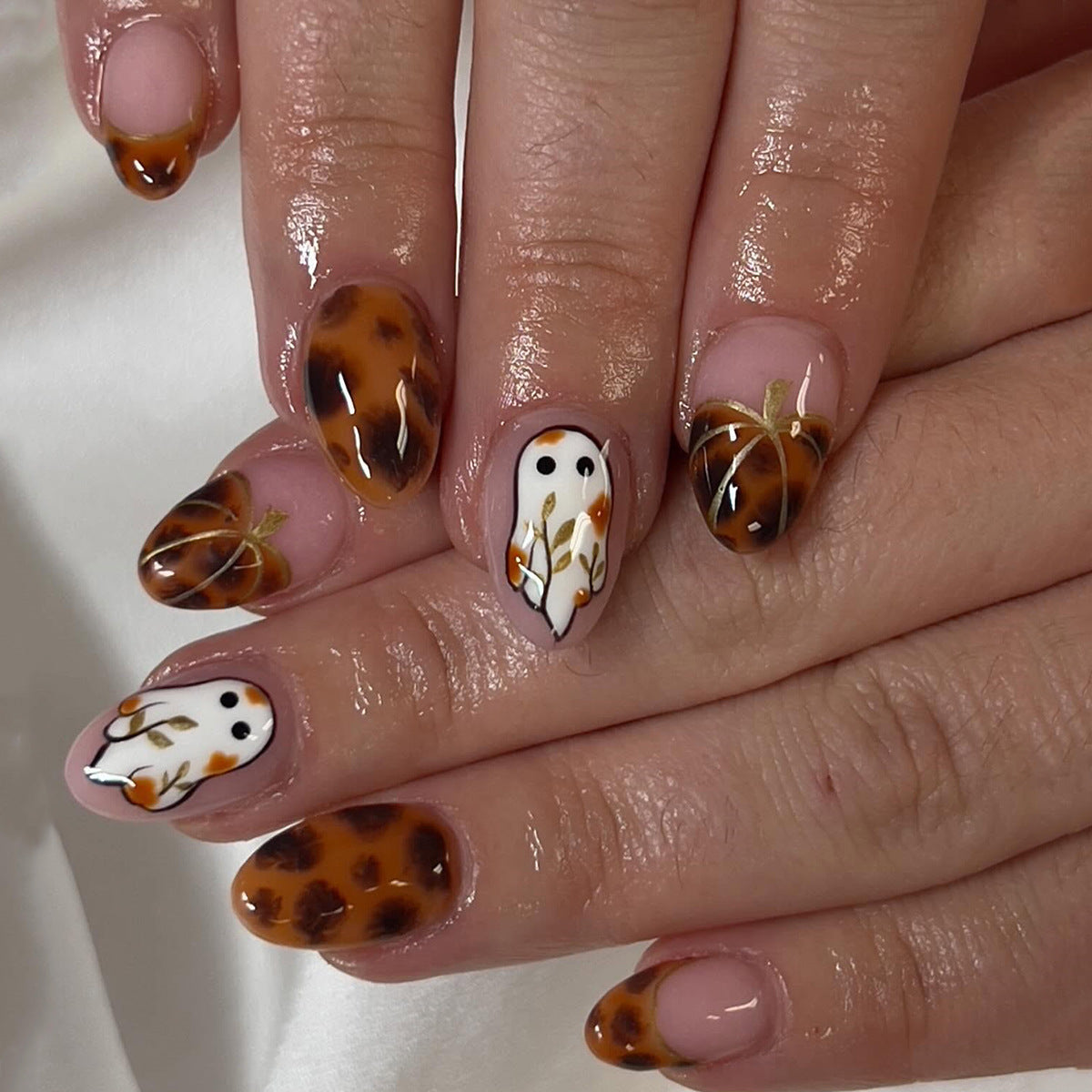 Autumn Whimsy Short Almond Brown Tortoise Shell with Cute Owl Design Press on Nail Set