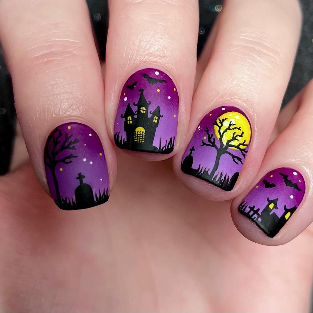 Spooktacular Elegance Short Square Purple Gradient Press-On Nail Set with Haunted Castle Design