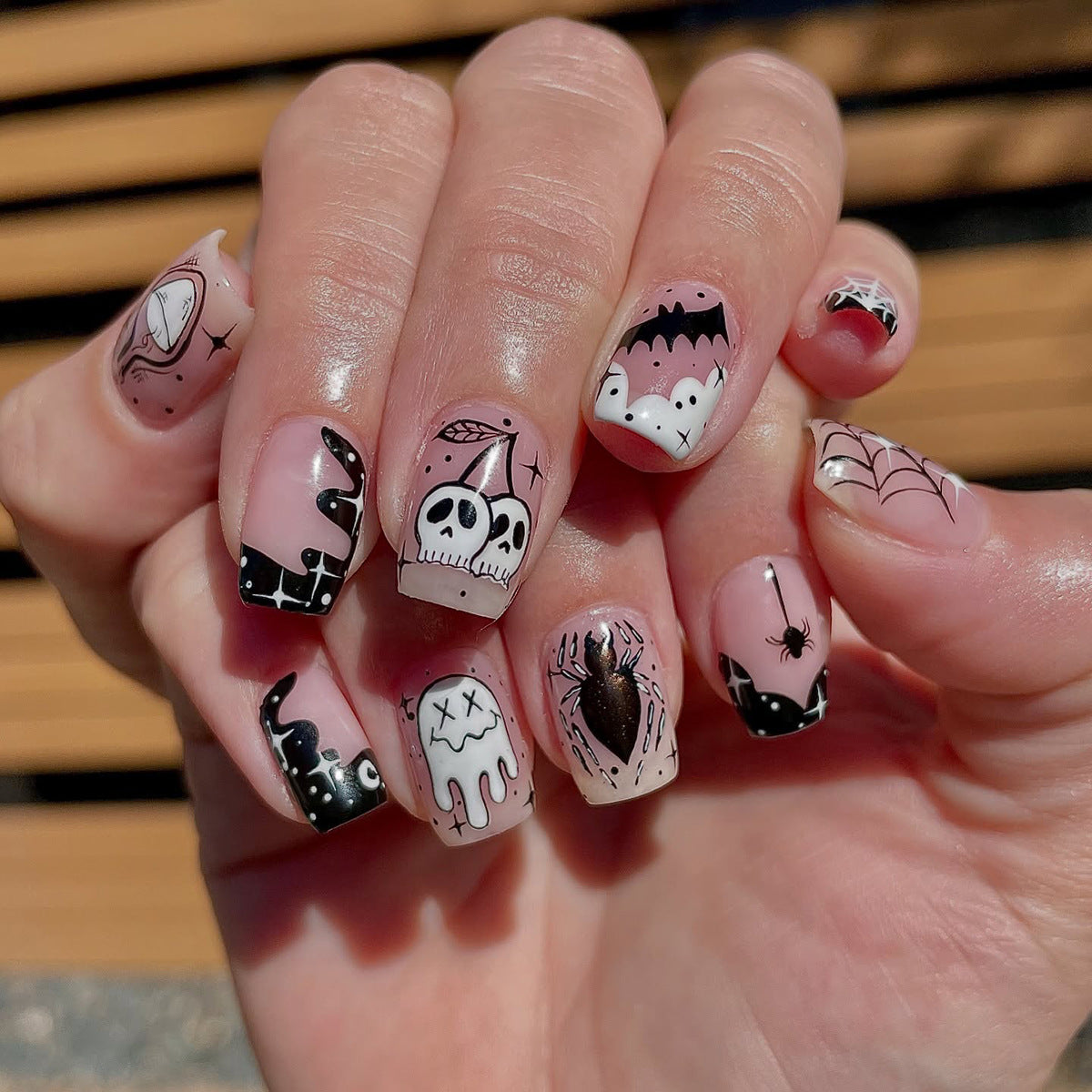 Spooky Chic Short Square Black and Pink Halloween Themed Press On Nail Set
