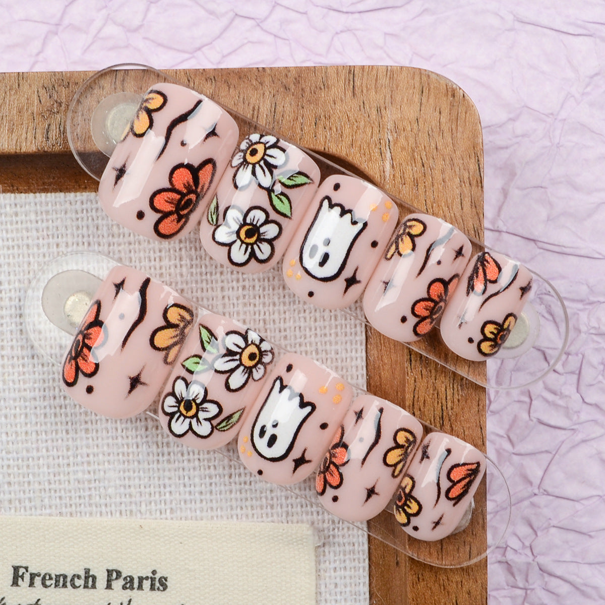 Hauntingly Cute Medium Square Pink Press On Nail Set with Floral and Ghost Design