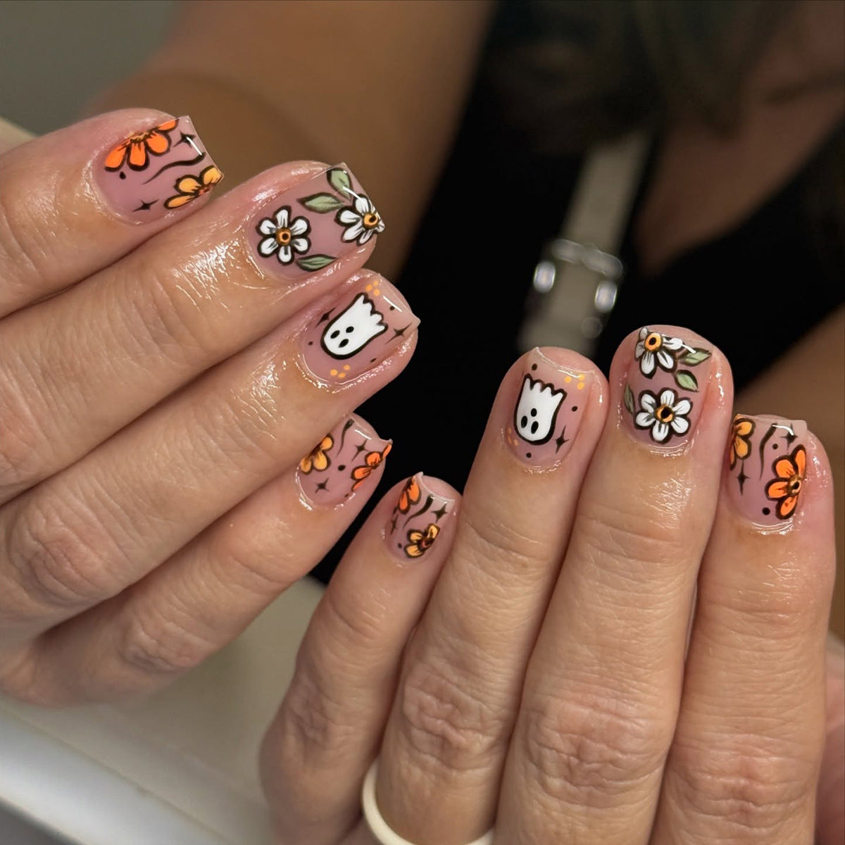 Charming Floral Fantasy Short Square Pink with Whimsical Flower Designs Press-On Nail Set