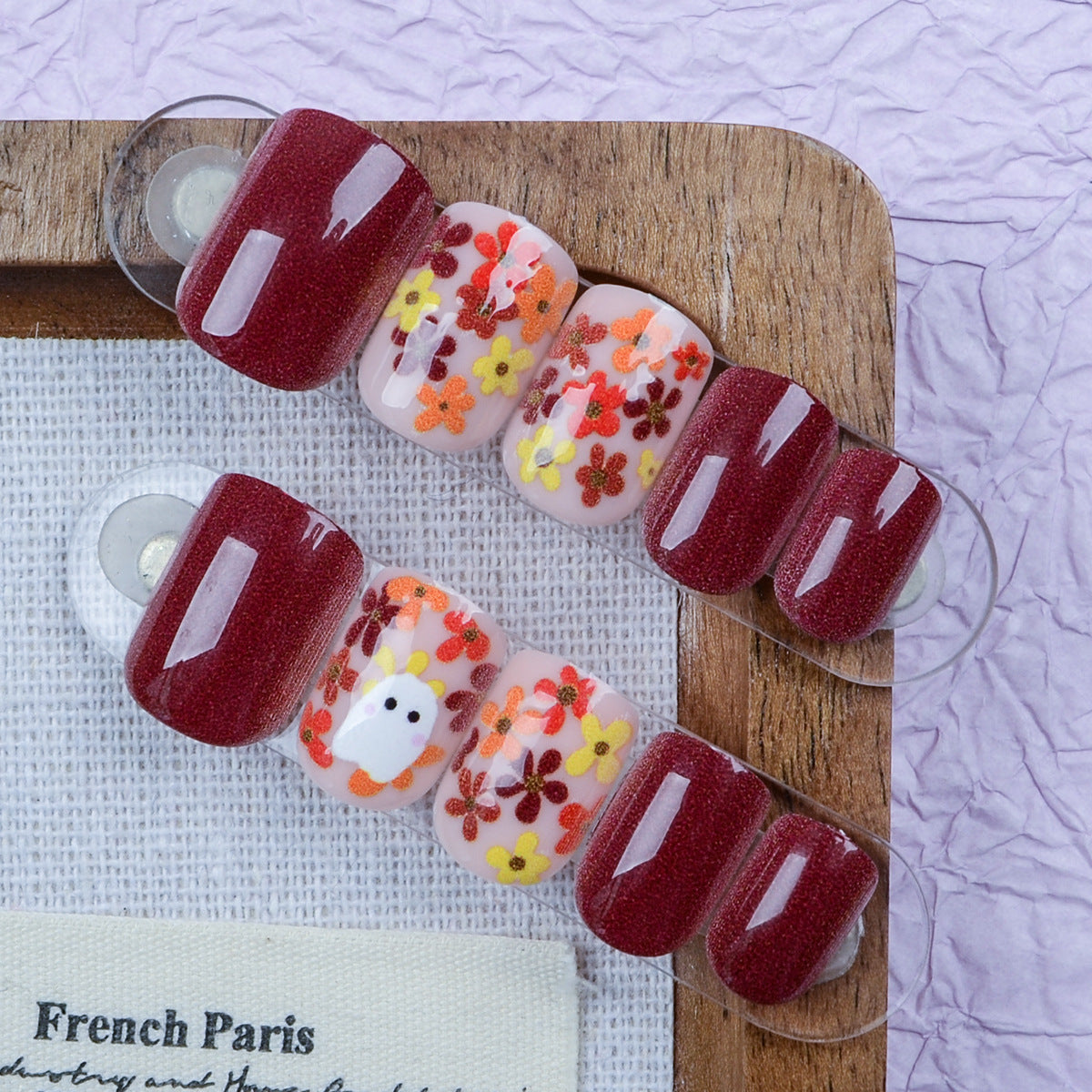 Autumn Blooms Medium Square Burgundy Nail Set with Floral Design
