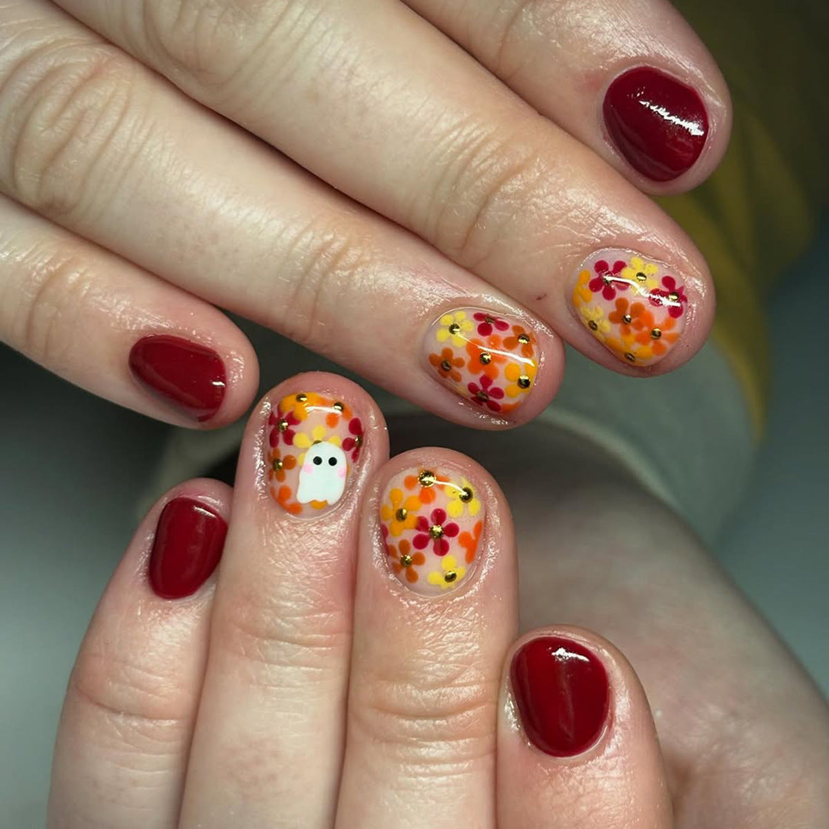 Autumn Charm Short Square Orange Floral Ghost Press On Nail Set