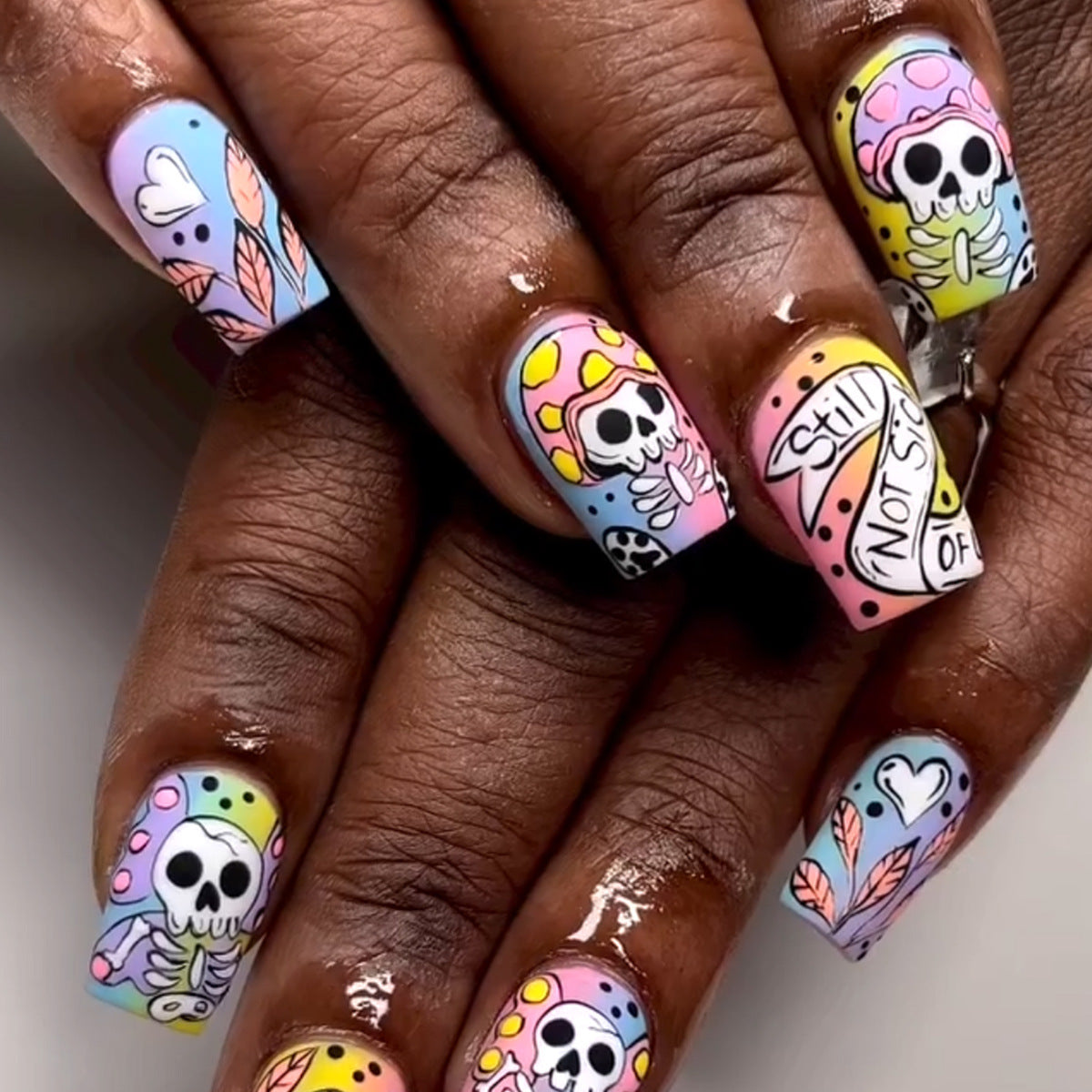 Day of the Dead Themed Long Square Multicolor Press On Nails with Skull Designs and Pastel Accents