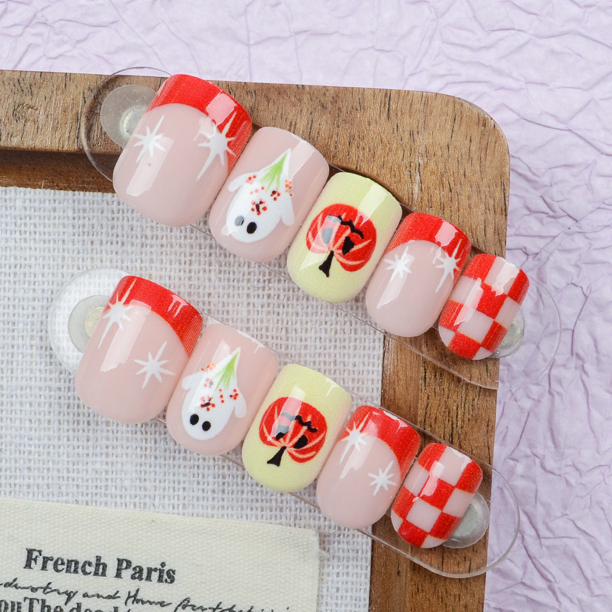 Autumn Enchantment Short Square Red and Yellow Playful Design Press On Nail Set