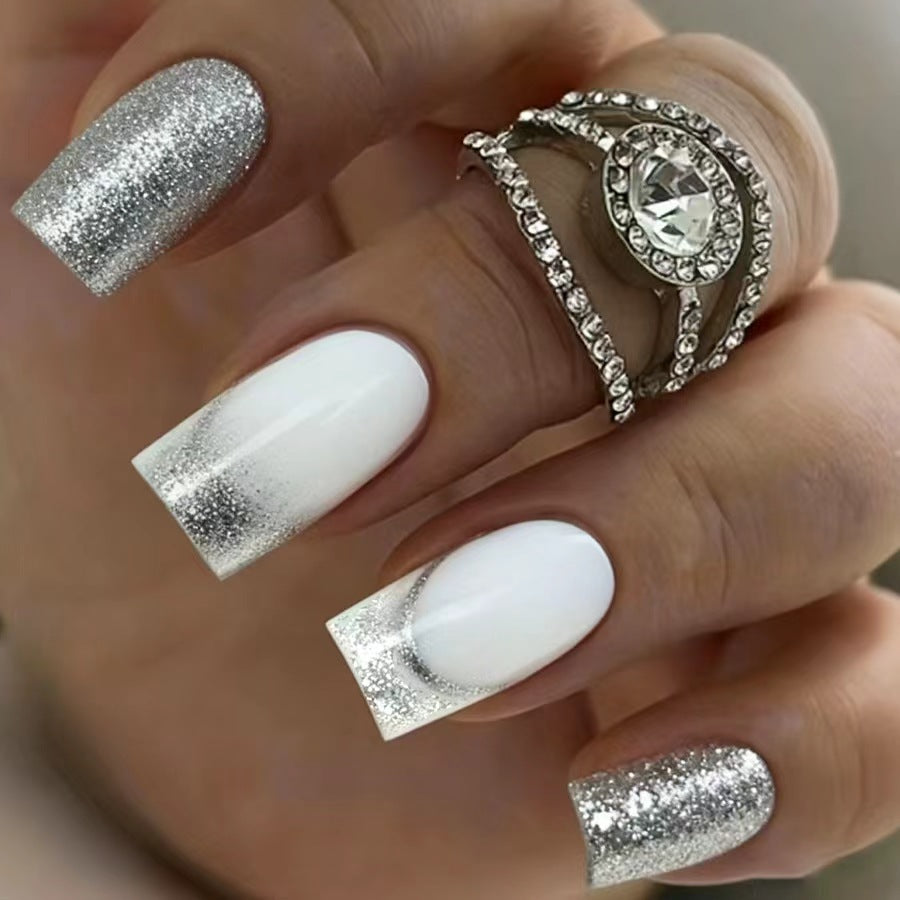 Glamorous Elegance Medium Square White and Silver Glitter Ombre Press On Nail Set