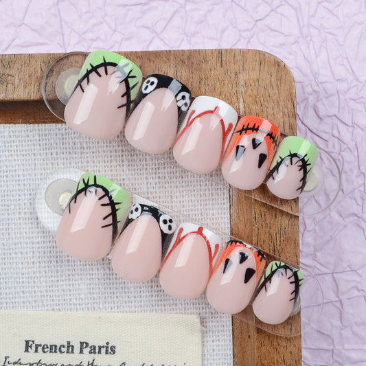 Spooky Vibes Short Square Green and Black Cartoon Character Press On Nail Set