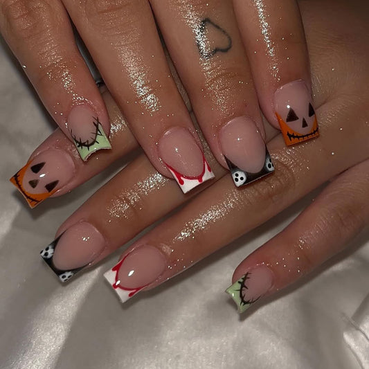 Spooky Vibes Medium Square Orange and Black Halloween Nail Set
