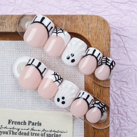 Spooktacular Short Square Pink with Spider and Ghost Design Press On Nail Set
